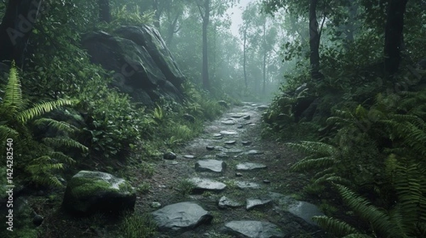 Obraz Walking Along Forest Stone Path Surrounded by Ferns and Green Vegetation