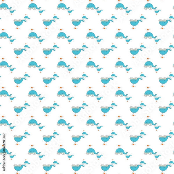 Fototapeta Seamless Pattern Featuring Cute Whales with Hearts and Waves