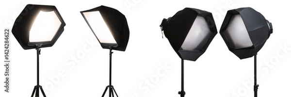 Fototapeta Set of a, Two photo studio light stands with soft boxes, isolated on a transparent background.