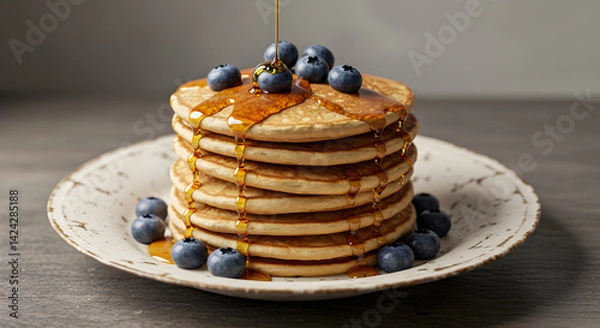 Fototapeta Delicious Homemade Pancakes Topped With Fresh Blueberries And Dripping Golden Syrup