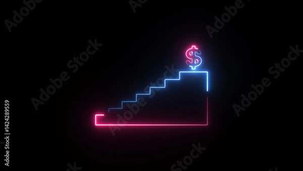 Obraz Glowing neon stairs with a dollar at the top represent achieving a goal. Continuous line businessman goes up the stairs on a laptop screen neon.