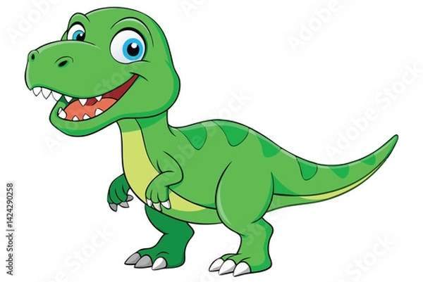 Fototapeta A cheerful cartoon tyrannosaurus with green scales and bright eyes stands smiling on a white background, Tyrannosaurus cartoon on white background.