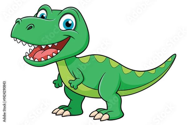 Fototapeta A cheerful cartoon tyrannosaurus with green scales and bright eyes stands smiling on a white background, Tyrannosaurus cartoon on white background.
