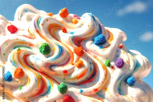 Obraz Colorful whipped cream swirled with rainbow streaks and topped with bright candy chunks under a clear blue sky, creating a fun, sweet, and vibrant dessert scene.