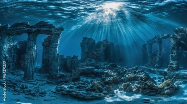 Obraz Ancient underwater ruins with columns and stairs surrounded by sea life. 3D rendered digital illustration in aquamarine tones. Lost city of Atlantis. Mythology and underwater archaeology concept. 