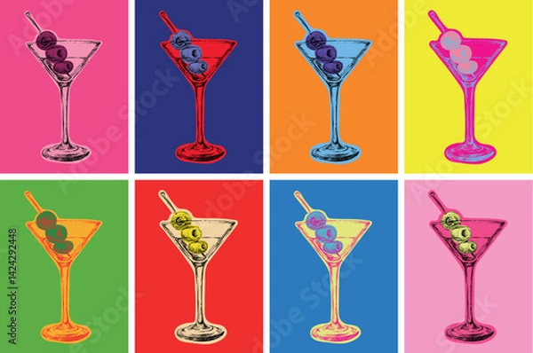 Obraz Set of Colored Martini Cocktails with Olives Vector Illustration