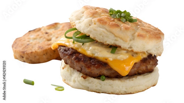 Obraz Sausage Biscuit Sandwich on White Background