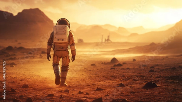 Fototapeta Astronaut walking on Mars surface in space exploration mission. Futuristic sci-fi concept of interplanetary travel