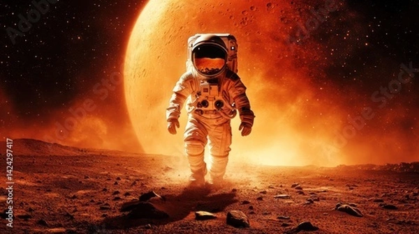 Obraz Astronaut walking on Mars surface in space exploration mission. Futuristic sci-fi concept of interplanetary travel