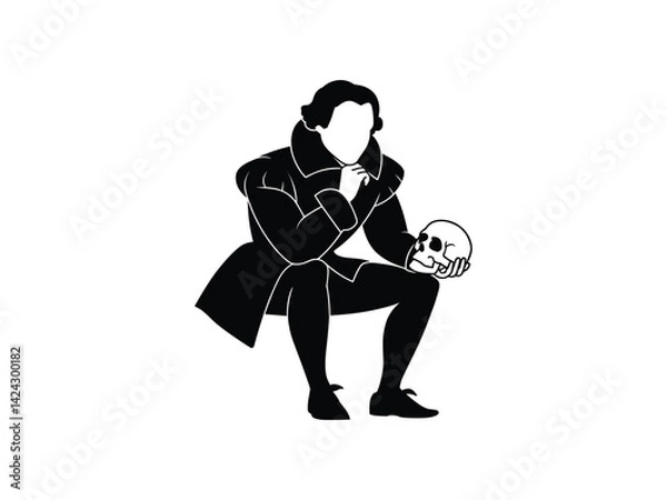 Obraz Dramatic Hamlet with Skull Silhouette | Kneeling Pose Vector Art
