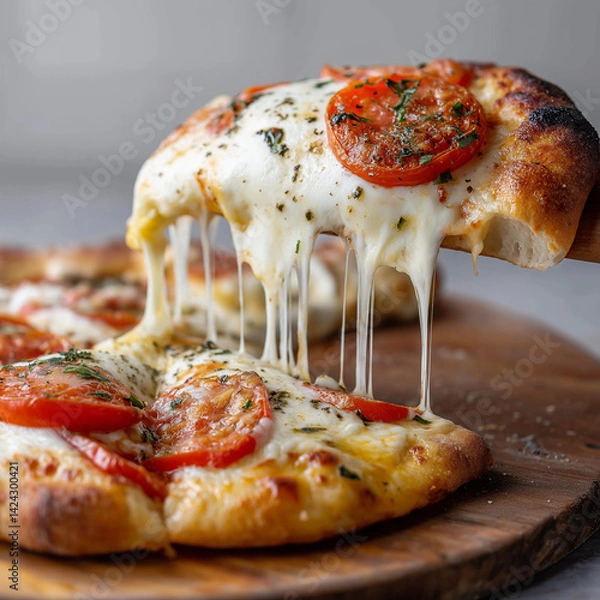 Fototapeta pizza with stringy mozzarella, tomatoes and basil