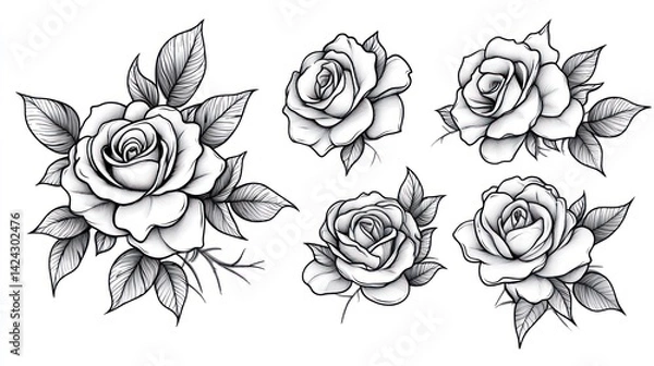 Obraz Five grayscale rose tattoo designs, isolated, floral, art