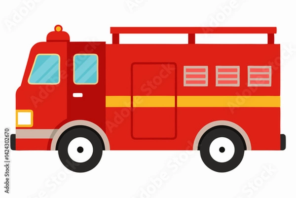 Fototapeta Red fire engine truck cartoon vector illustration isolated on white background