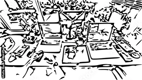 Fototapeta Programmer Working Late at Night on Two Laptops in Modern Office
