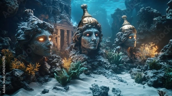 Fototapeta Underwater ruins with ancient statue surrounded by stone columns and colorful tropical fish. 3D rendered digital artwork showing submerged archaeological site. Lost city 