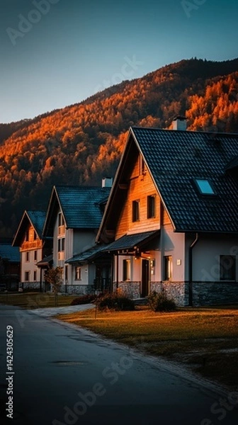 Obraz Row of houses, bathed in warm light, with mountain backdrop