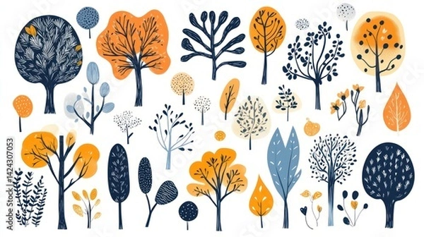 Fototapeta Autumn tree collection, stylized illustration, white background, design element