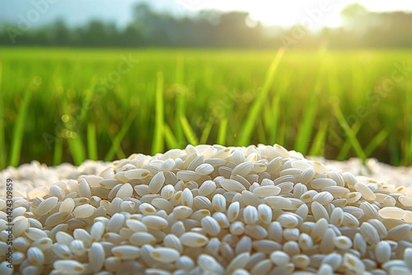 Fototapeta A close-up shot of uncooked white rice, displayed in a clean, natural setting with a rice field in the background.