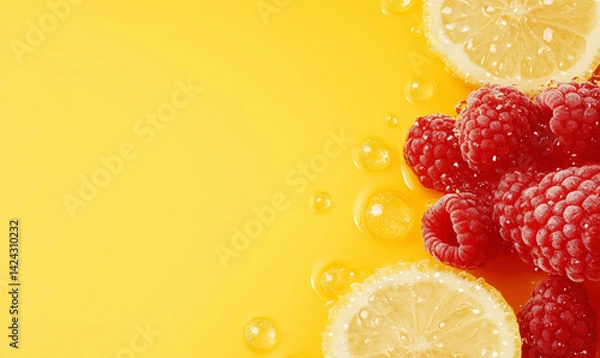 Fototapeta Fresh raspberry and lemon slices on yellow background with bubbles, vibrant fruit composition for healthy eating and summer themes