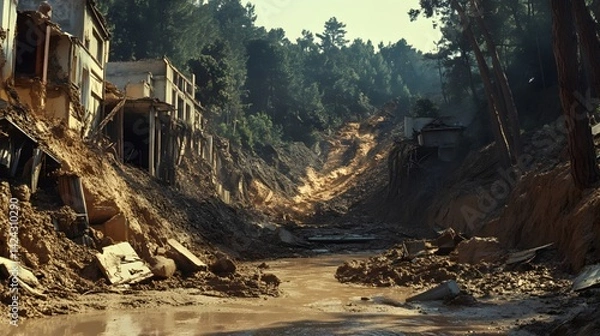 Obraz The destructive scene of mudslides wreaking havoc on mountain slopes