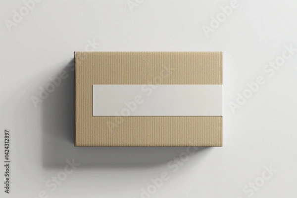 Fototapeta A hyper-realistic mockup of a cardboard box with a paper label attached to the front, placed on a clean white background.  