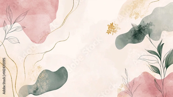 Fototapeta minimal style abstract background with floral line art and watercolor textures ideal for contemporary branding materials and elegant presentations