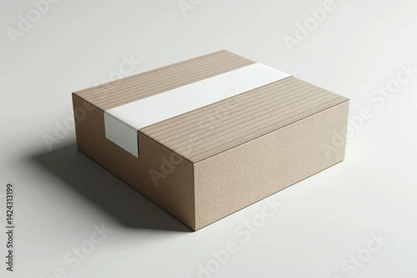 Fototapeta A hyper-realistic mockup of a cardboard box with a paper label attached to the front, placed on a clean white background. 