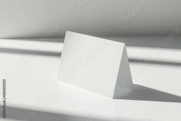 Fototapeta A hyper-realistic table tent card mockup standing upright on a clean, white surface with perfect lighting and shadow depth 