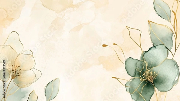 Fototapeta modern abstract art wallpaper featuring pink and gold flowers with fine line art details ideal for upscale interior decor and artistic design projects