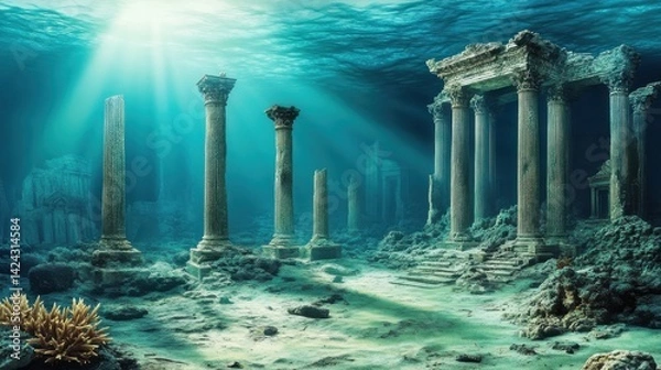 Obraz Ancient ruins of classical temple with stone columns and statues submerged underwater. 3D rendered digital illustration of sunken city with architectural relics. Lost civilization and underwater arche
