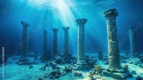 Obraz Ancient ruins of classical temple with stone columns and statues submerged underwater. 3D rendered digital illustration of sunken city with architectural relics. Lost civilization and underwater arche