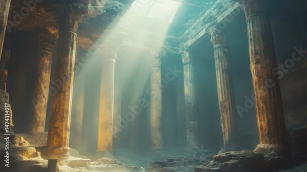 Obraz Ancient ruins of classical temple with stone columns and statues submerged underwater. 3D rendered digital illustration of sunken city with architectural relics. Lost civilization and underwater arche