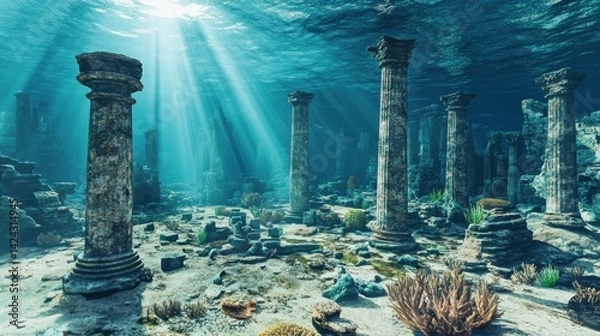 Obraz Ancient ruins of classical temple with stone columns and statues submerged underwater. 3D rendered digital illustration of sunken city with architectural relics. Lost civilization and underwater arche