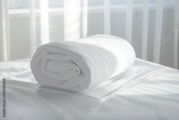 Fototapeta A realistic mockup of a rolled white T-shirt neatly packaged in a transparent plastic sleeve