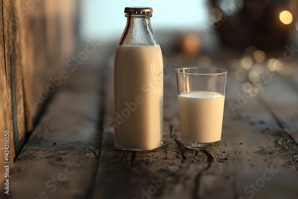 Fototapeta A rustic bottle of milk and a glass of milk placed on a weathered wooden table, creating a warm, inviting scene. 
