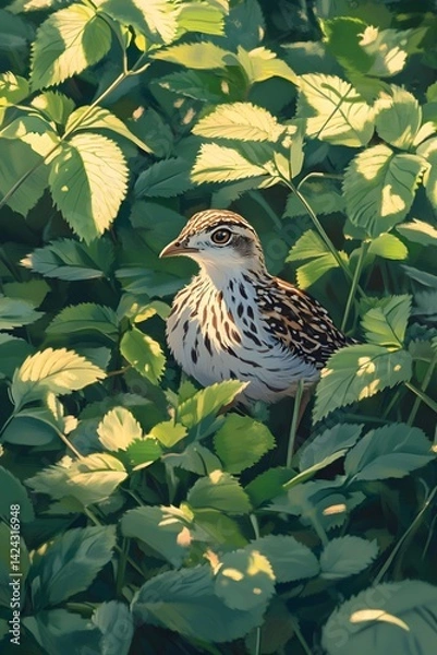 Fototapeta Brown quails foraging in the summer grass