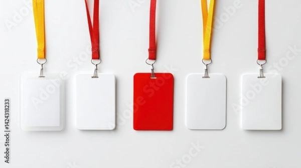 Fototapeta A series of lanyards with blank ID cards, including one red card, displayed against a neutral background.