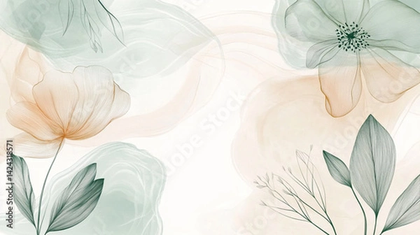Fototapeta elegant spring season floral background vector in warm earth tones with watercolor wild flowers blooms leaves line art for banners