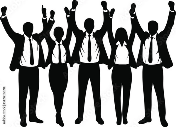 Fototapeta Team celebrating success, raising their hands in unity. Concept on teamwork, achievement, and professional victory