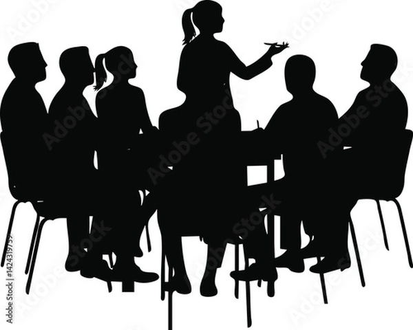 Fototapeta Leader presenting to a group, facilitating a team discussion. Concept on leadership, teamwork, and collaboration in a professional setting