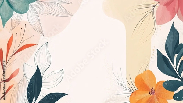 Fototapeta minimalist abstract art background with golden line art flowers and botanical leaves ideal for luxury prints and cover design
