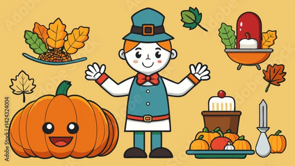 Fototapeta Cartoon thanksgiving composition with pilgrim pumpkin leaves and traditional dinner elements