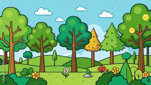Fototapeta Cartoon forest landscape with rolling hills trees and flowers illustration