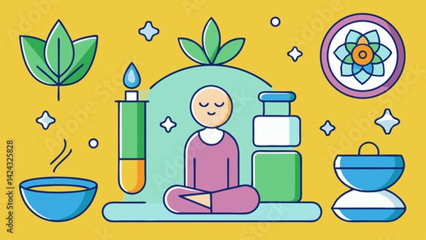 Fototapeta Cartoon meditation scene with spa and aromatherapy elements on yellow background