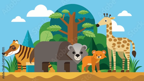 Fototapeta Animals in a flat vector style on the savannah with trees and sky