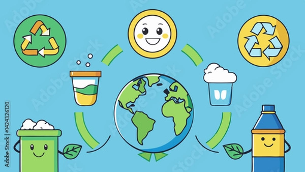 Fototapeta Cartoon earth globe with recycle icons and smiling containers illustration