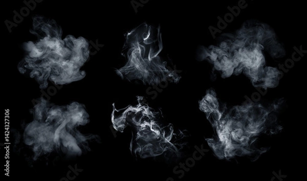 Obraz Fog or smoke set isolated on black background. White cloudiness, mist or smog background.