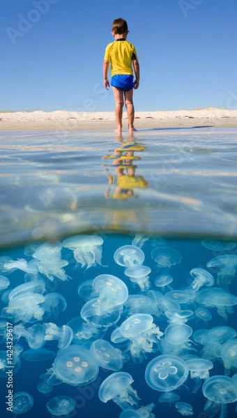 Fototapeta A child playing near a calm shoreline, with a hidden jellyfish bloom beneath the water's surface. Hidden sea danger.