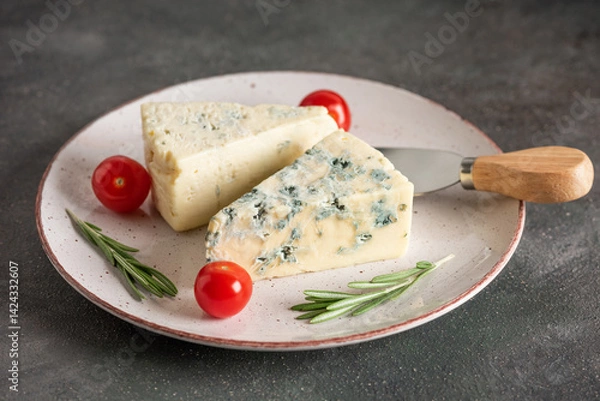 Fototapeta Blue cheese on a plate with a cheese knife, rosemary and cherry tomatoes, selective focus, dark rustic background