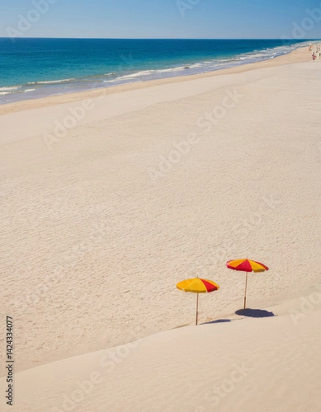 Fototapeta Close-up of colorful beach umbrellas casting shadows on white sand, with a clear blue sky and distant waves creating a serene summer atmosphere.